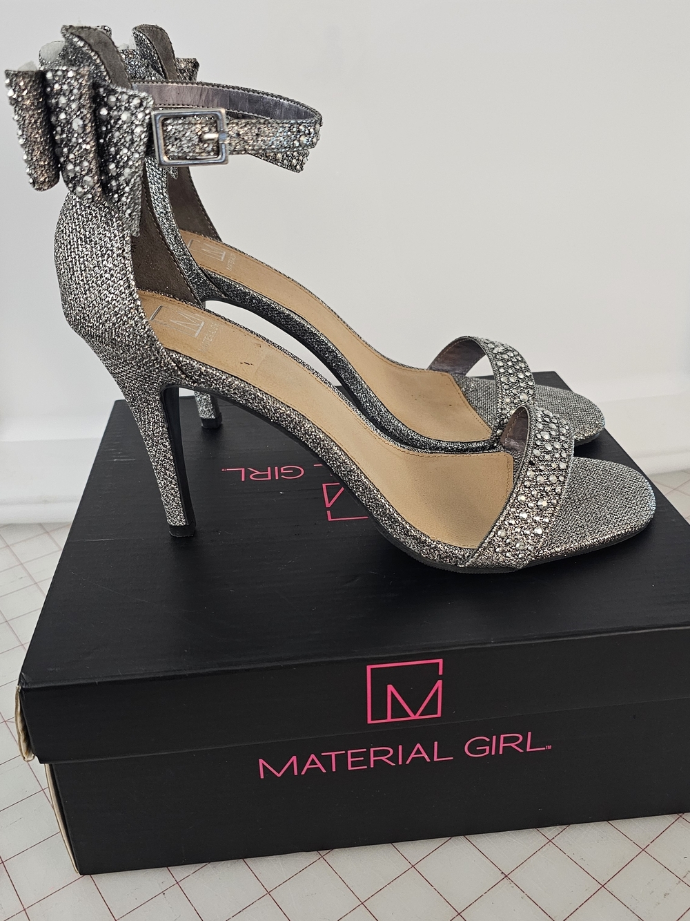Material Girl Silver Crystal-Embellished Stiletto Sandals